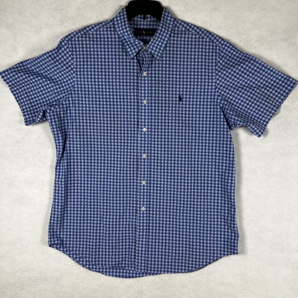 Ralph Lauren Mens XL Blue Gingham Plaid Short Sleeve Button Down Shirt Cotton